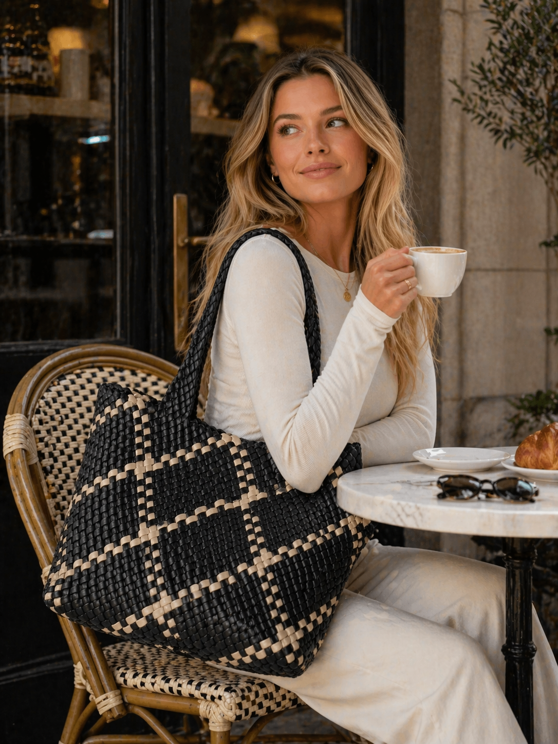 Handwoven PU leather tote interior with pouch — Maison LYORÉN