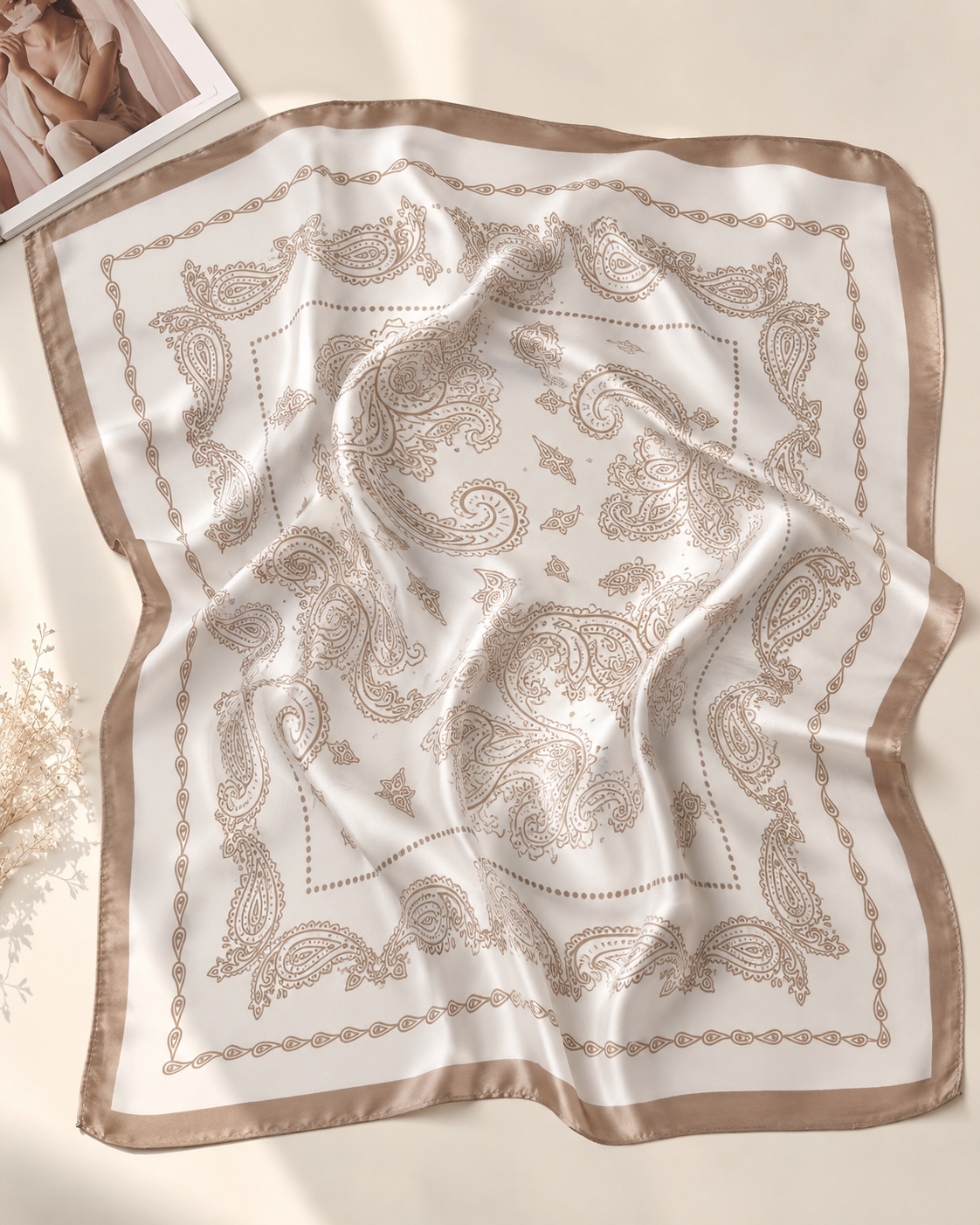Floral print satin carré scarf styled as neck tie — Maison LYORÉN