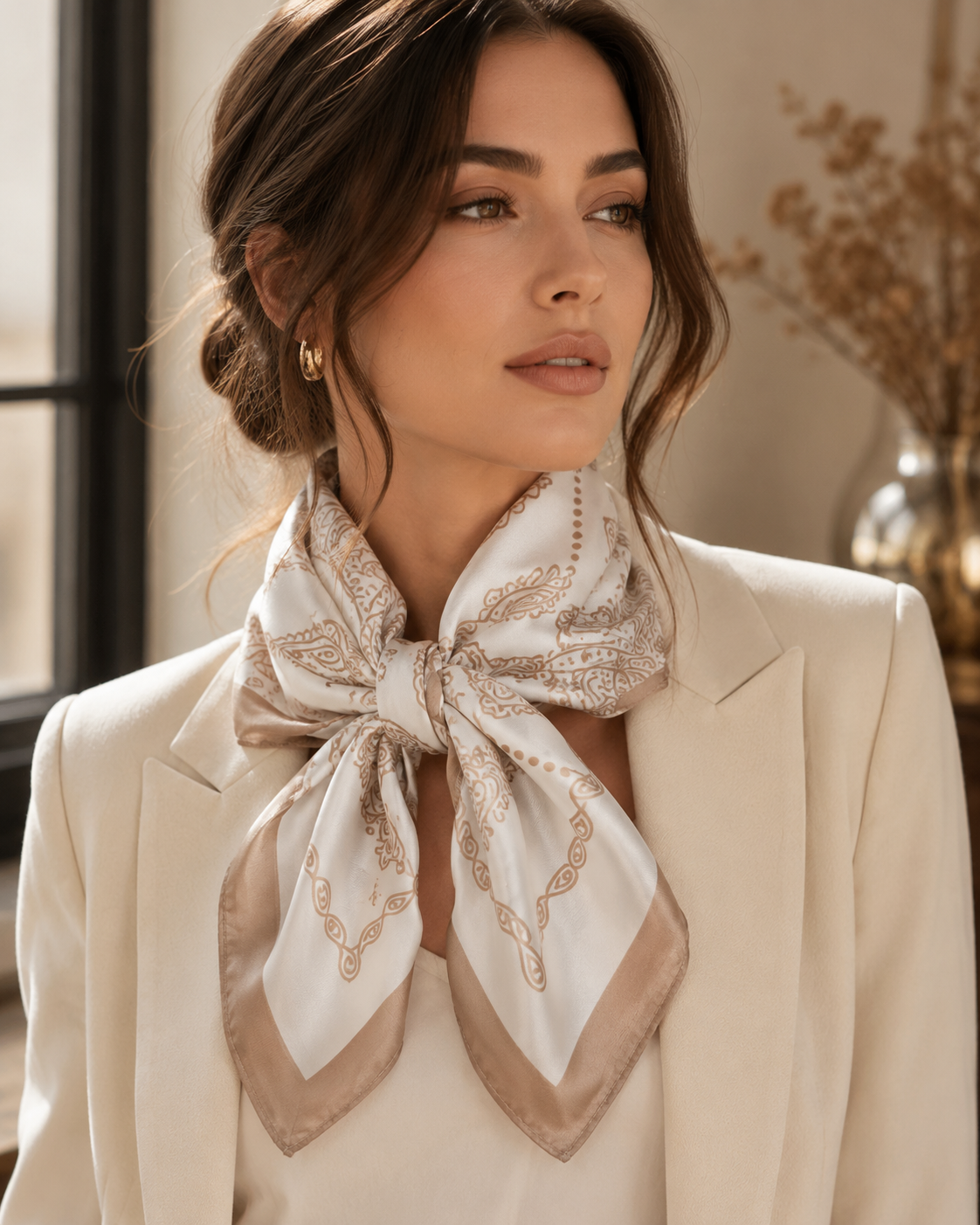Céleste floral square scarf draped on shoulder — Maison LYORÉN