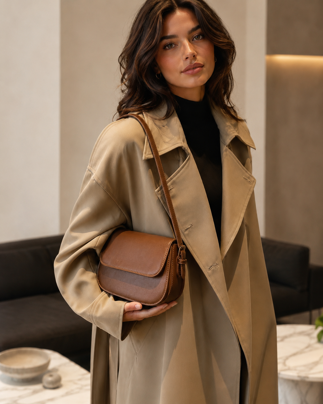 Maison LYORÉN retro soft leather saddle crossbody on model